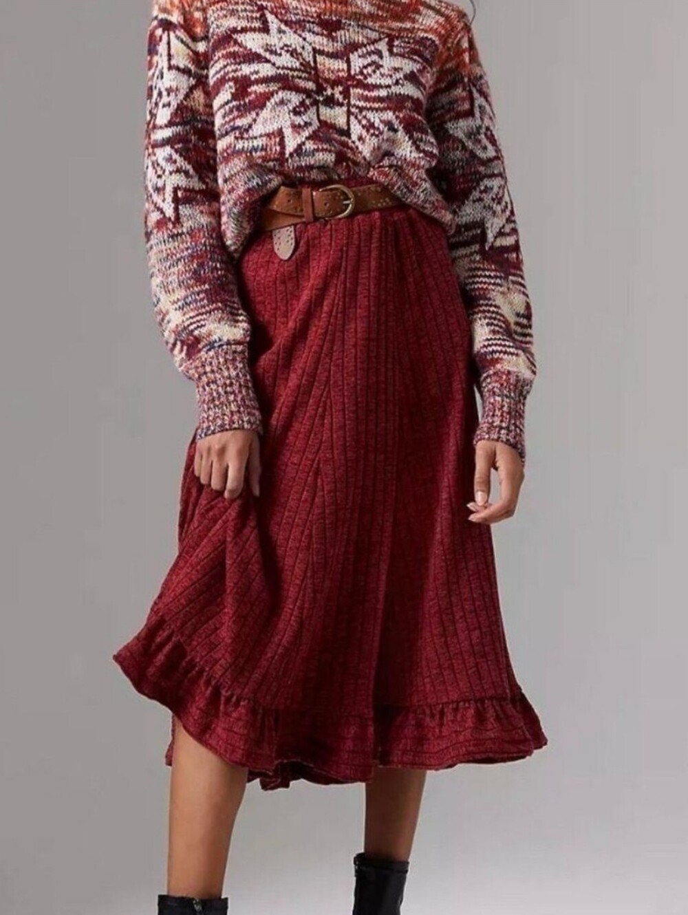 Anthropologie Pauline Red Ribbed Sweater Ruffled Hem Midi Skirt Cozy Coquette XS